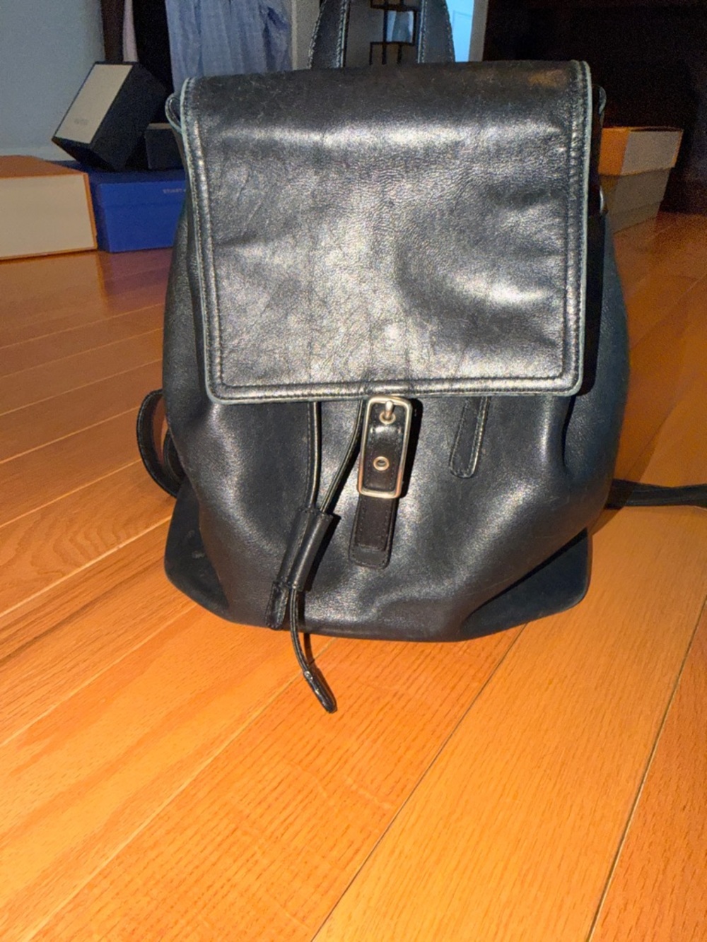 Women's Black Leather Flap Backpack - Vintage Coach